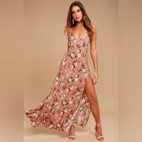 Lulu's Everlasting Bliss Blush Floral Print Maxi Dress Womens Medium - Picture 1 of 7